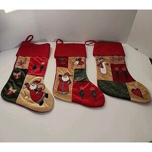 Lot Of 3 Delton Velvet Beaded Accent Christmas Stocking Santa Snowman Red Green